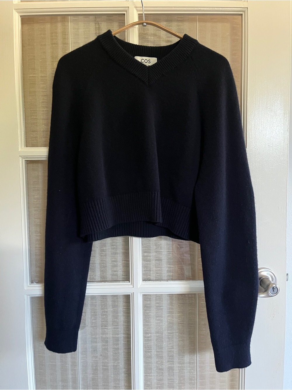 COS Cropped Dark Navy Wool V-Neck Jumper Sweater